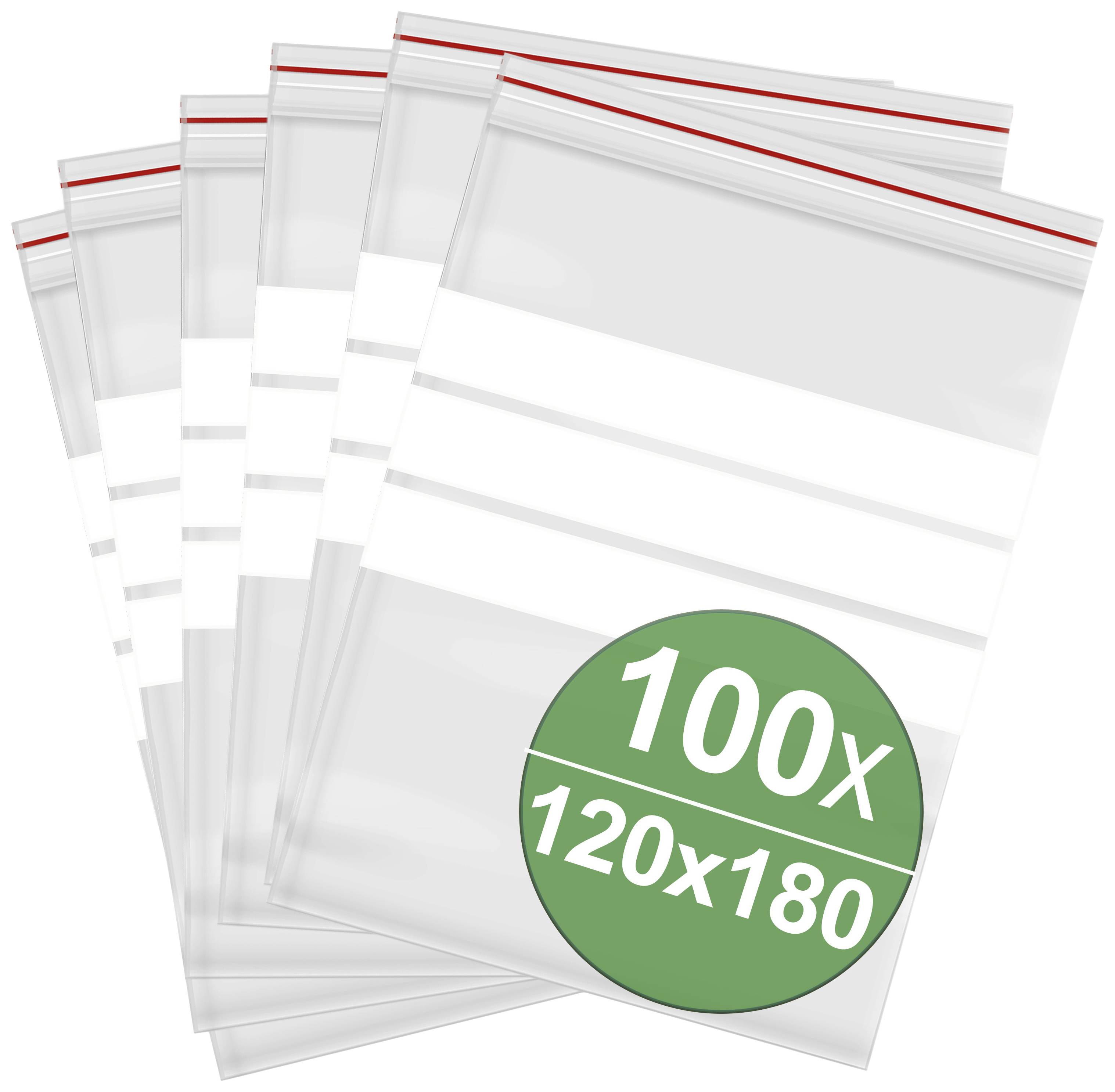 Six transparent zip-lock bags from an angled perspective. A green circle displays '100x 120x180', indicating quantity and size.