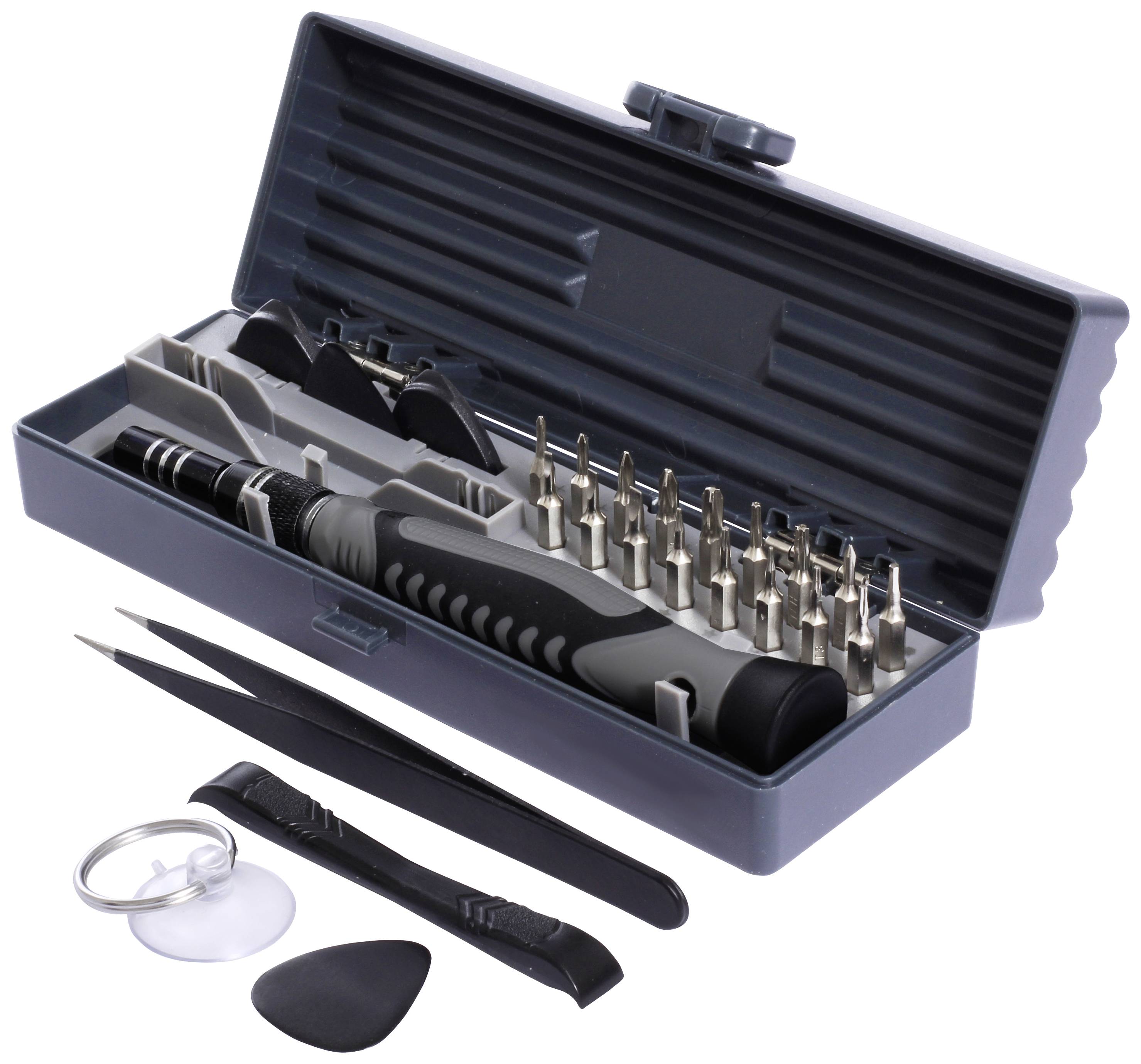 Set of a tool kit with screwdriver and various bits in an open, grey plastic case. Including tweezers, suction cup and lever tool for repairing electronic devices.