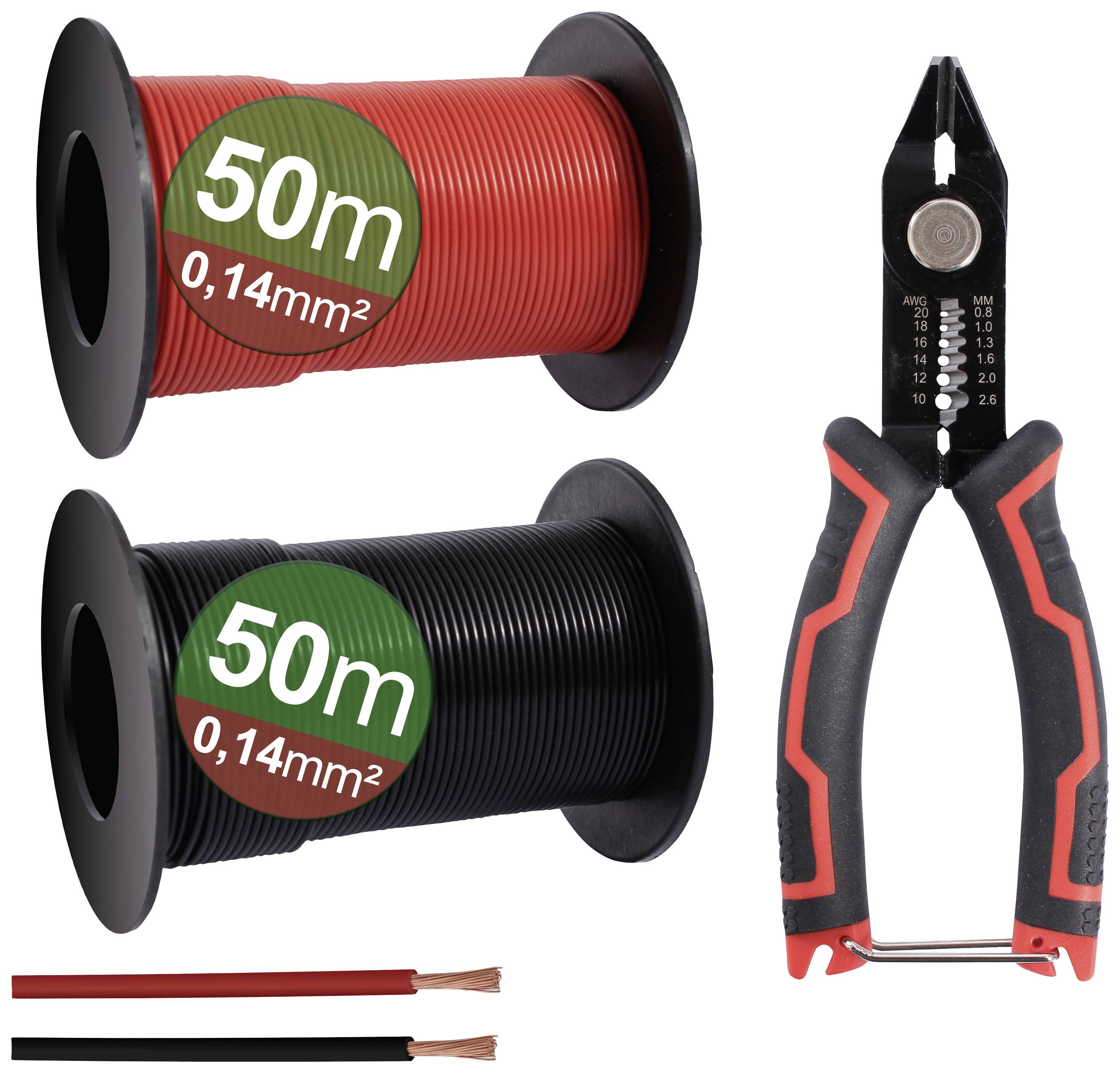 Two reels of 50m electrical wires (black and red) and a wire stripping pliers. Wire thickness 0.14mm². Ideal for electrical installations.