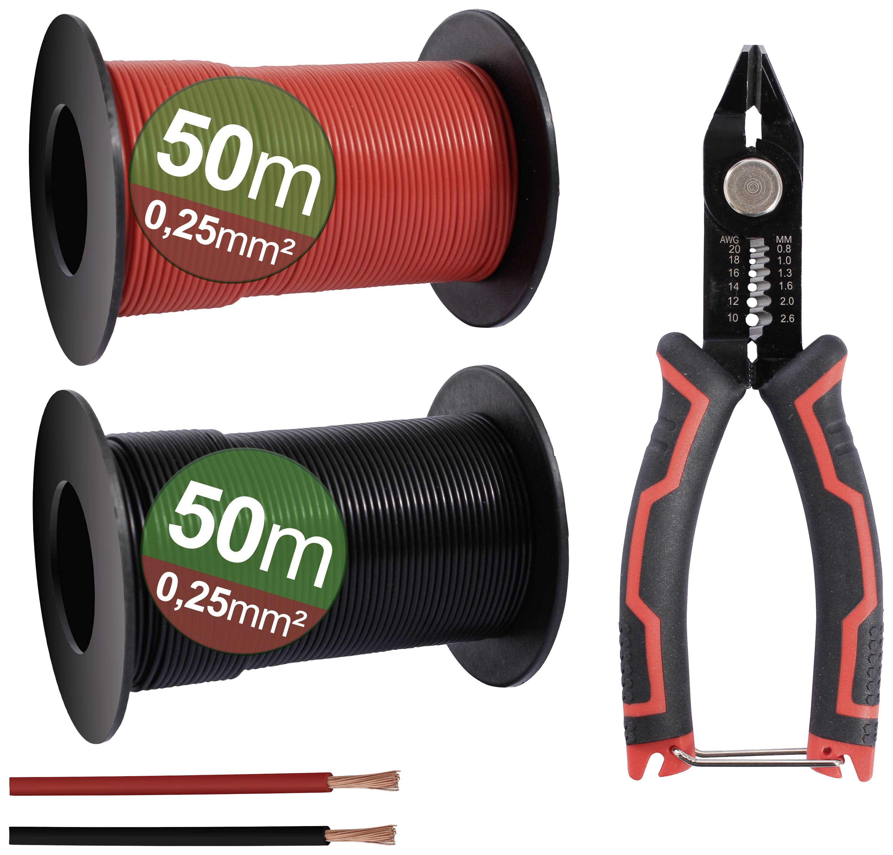 Two cable reels, one red and one black, each 50 m and 0.25 mm². An wire stripping pliers is pictured alongside.