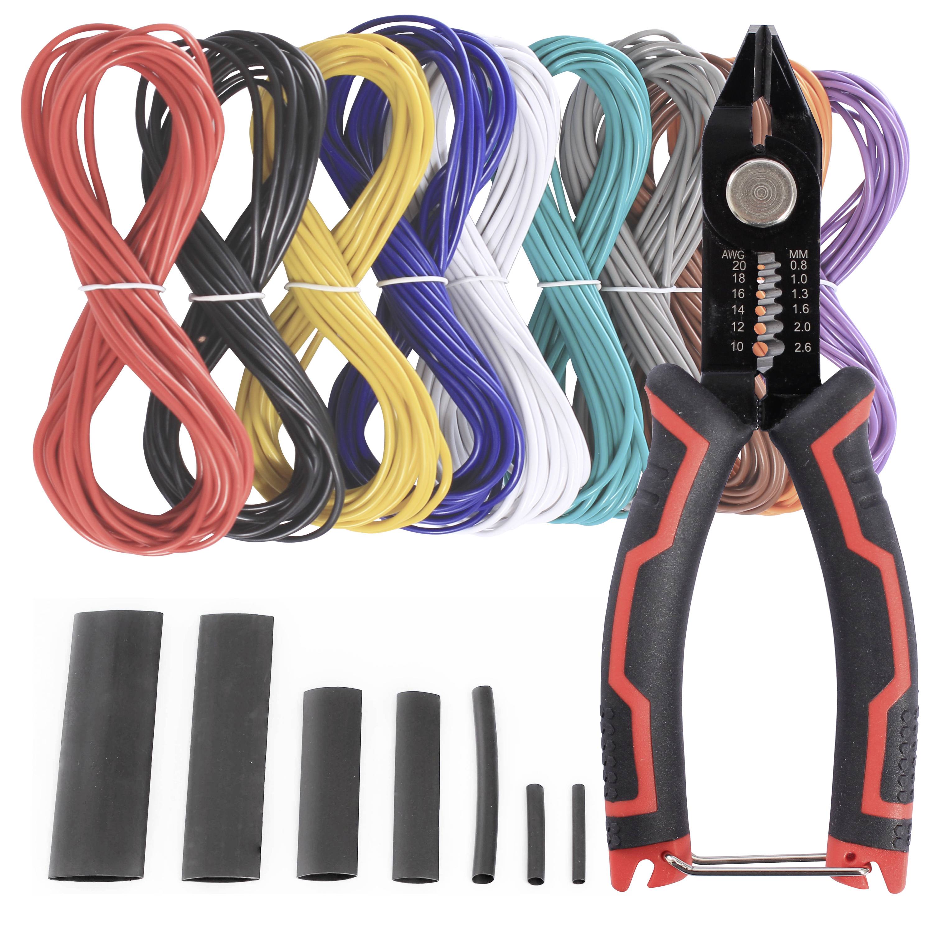A set of six differently coloured electrical cables, black heat-shrink tubing in various sizes, and a red wire cutting pliers.