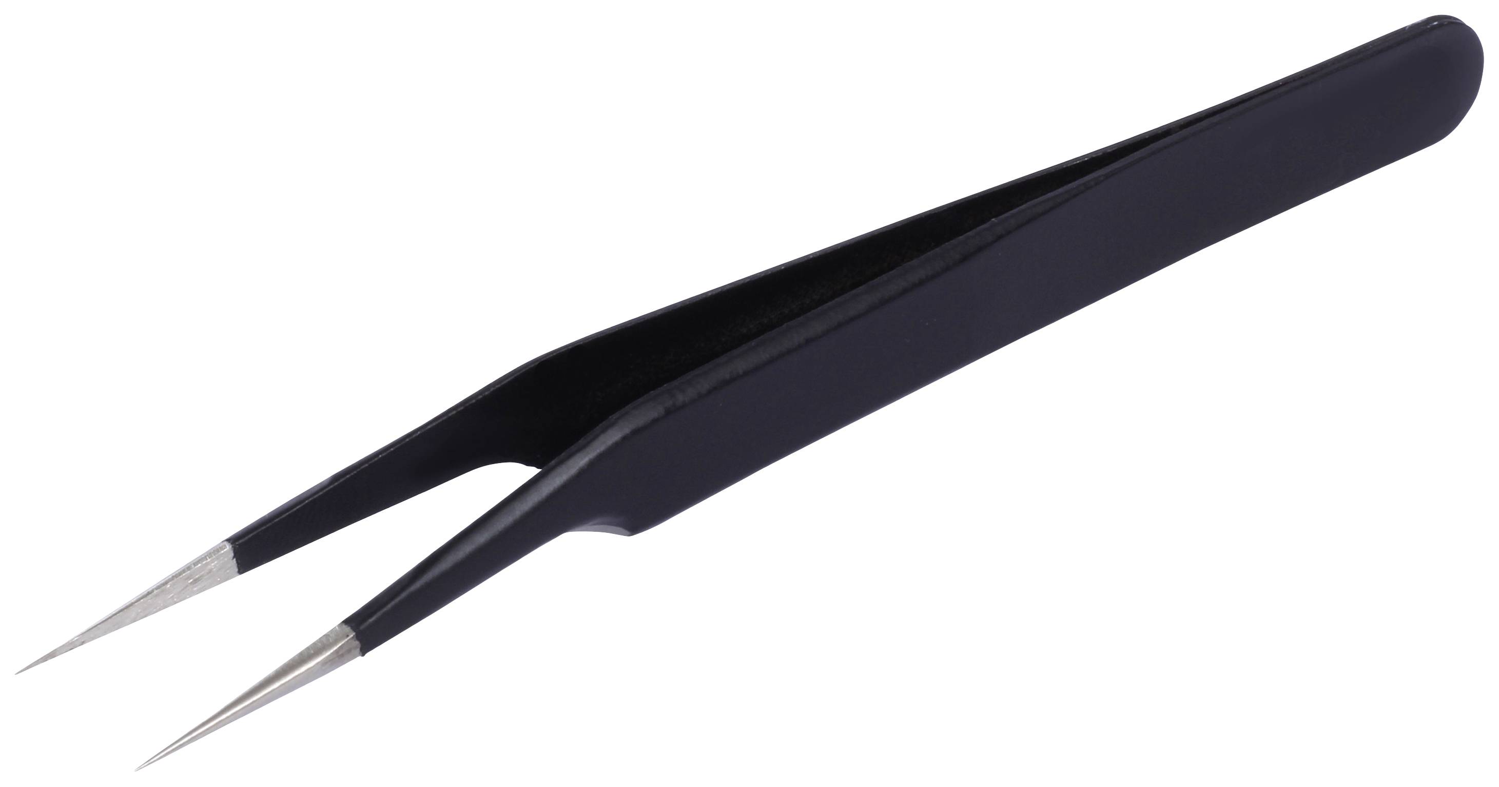 A black metal tweezers with narrow, pointed tips used for precisely gripping small objects.
