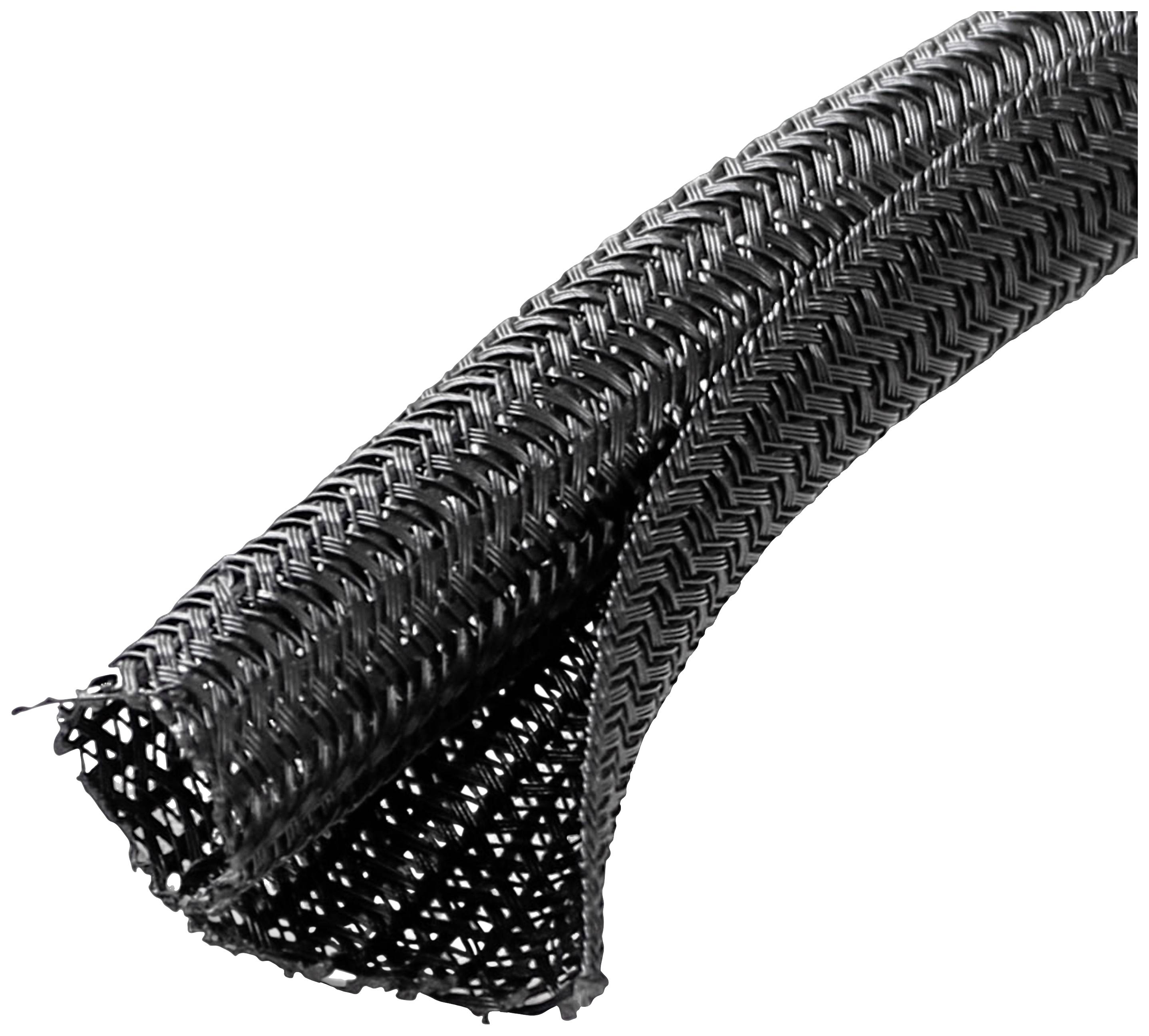 Braided black protective cable sleeve, flexible and robust, used for bundling and protecting cables from damage.