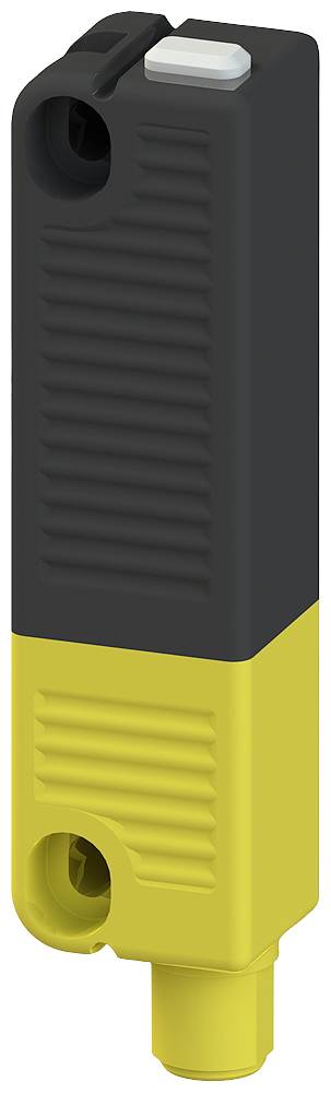A rectangular, two-coloured switch in black and yellow with rounded edges and a small white push button on top.
