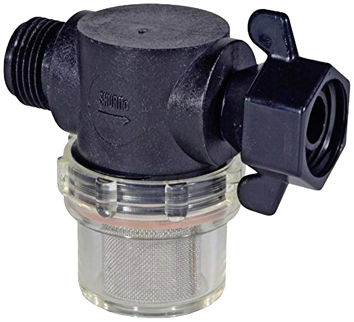 A black water filter with a transparent housing and threaded connection. Used for filtering contaminants in water systems.