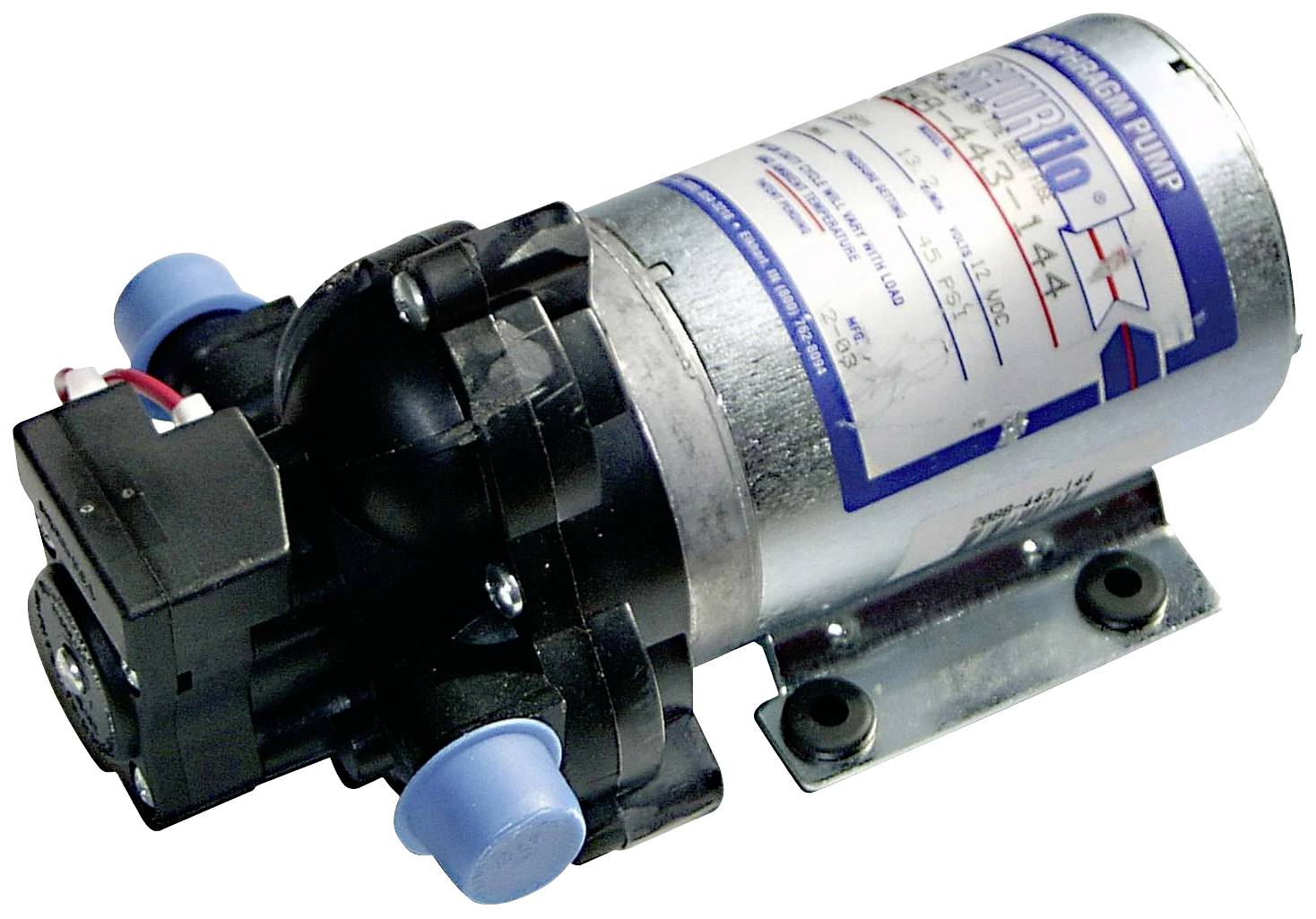 A small electric pump with blue connectors and a label displaying technical specifications.