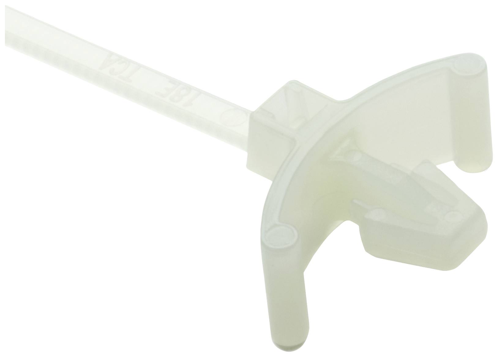 A white cable tie with a curved fastener, suitable for temporary fixing or bundling of cables.