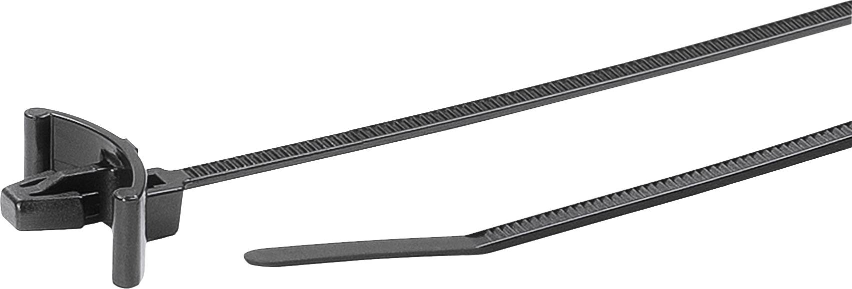 A black cable tie with a ratchet system and a flat end for binding cables or components.