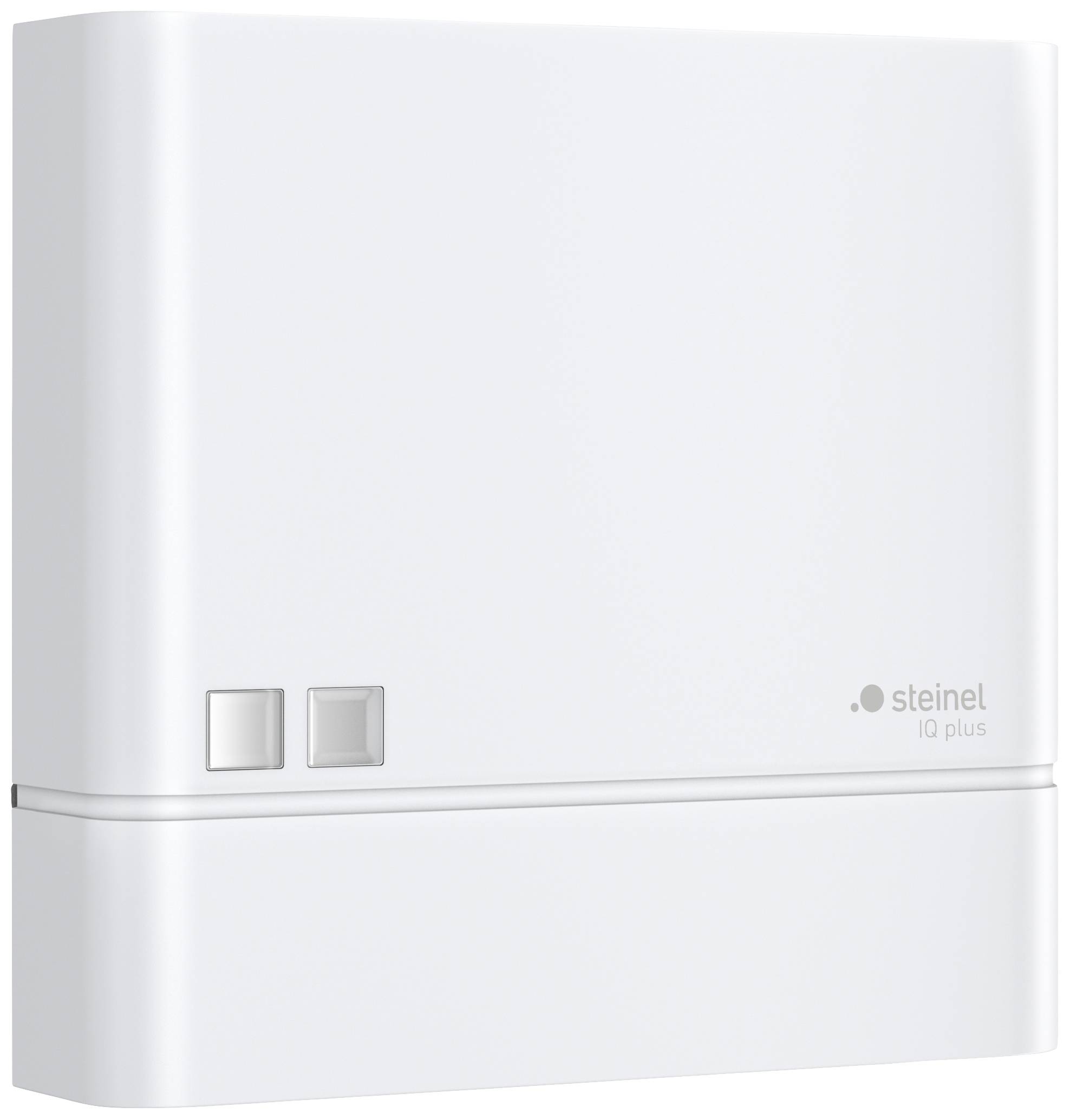 A square, white motion sensor with the label 'steinel IQ plus' and two small squares on the left side.