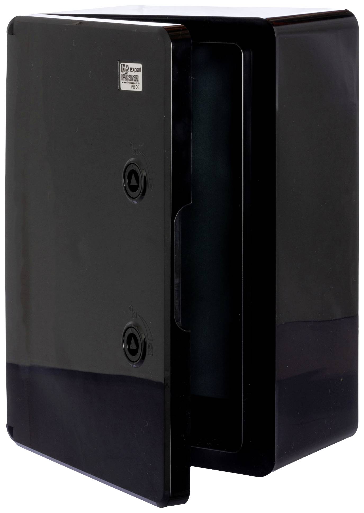 Black, rectangular device with a smooth surface and two round buttons. A side flap is slightly open.