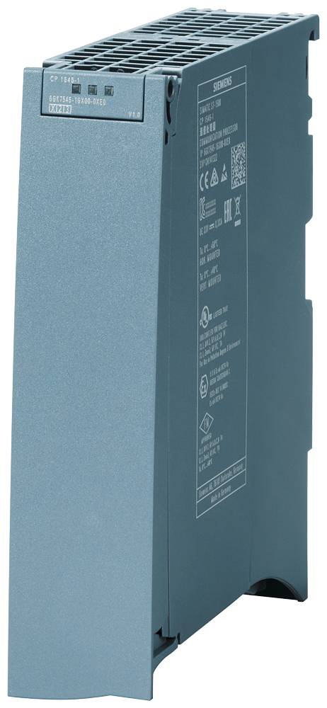 A blue electrical control unit with multiple ports and technical specifications on the side.