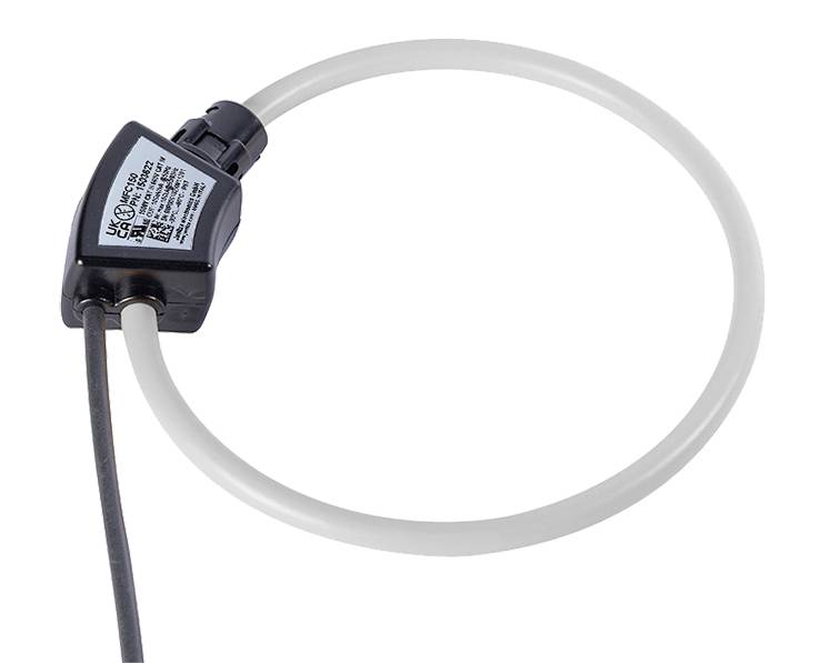 Current transformer with toroidal core, cable connection on the left. Black housing, white ring. For measuring electrical current.