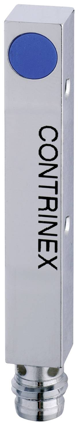 Rectangular CONTRINEX sensor in silver, with a blue circular element and connection at the bottom end.