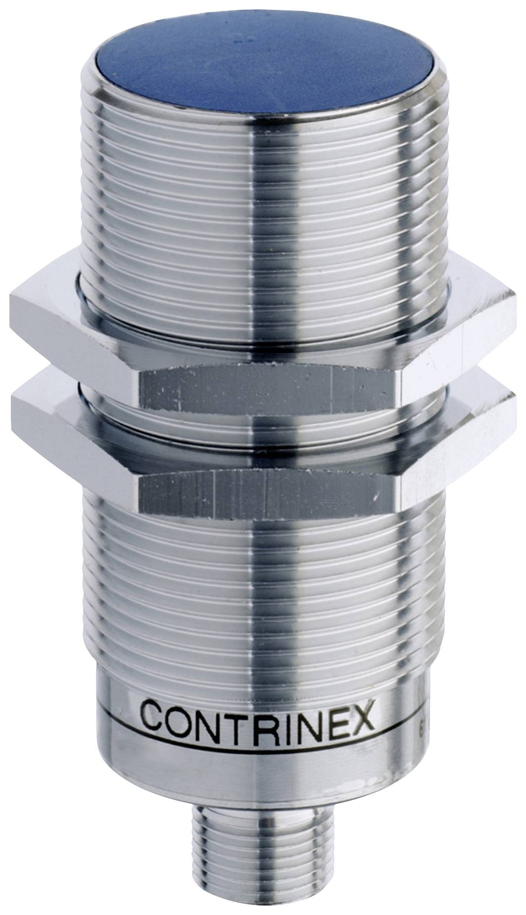 Cylindrical metal induction sensor, shiny, with thread. 'CONTRINEX' marking visible. Groove for mounting.