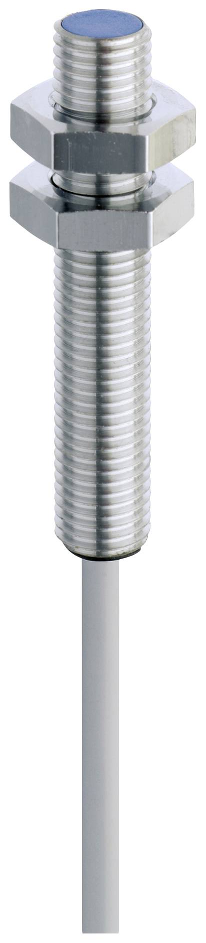 Cylindrical metal sensor with thread and integrated cable; suitable for precise distance or proximity measurements in industrial applications.