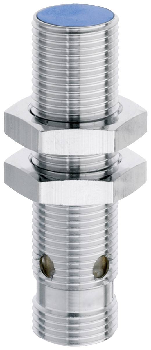 Cylindrical metal sensor with a blue tip, two hexagonal nuts for mounting; typical design for proximity sensors.