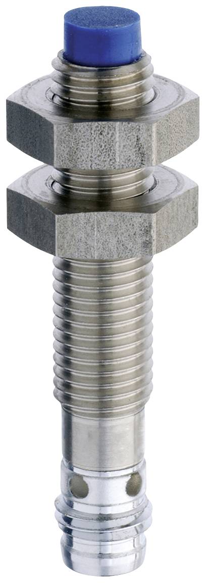 A cylindrical metal stud with threading and a blue cap. Suitable for industrial machinery or electrical applications.