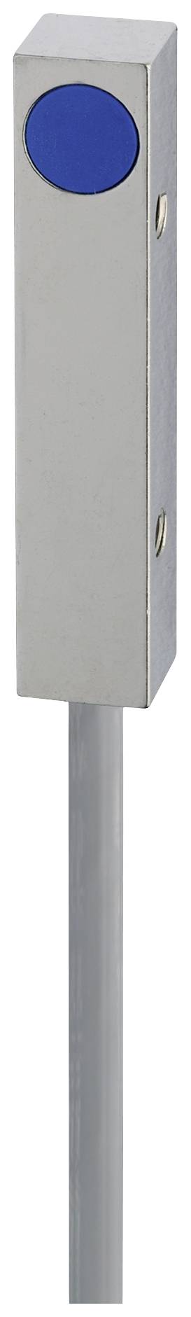A silver metal box with a blue circle on top of a grey pole. Possibly a control element or switch.