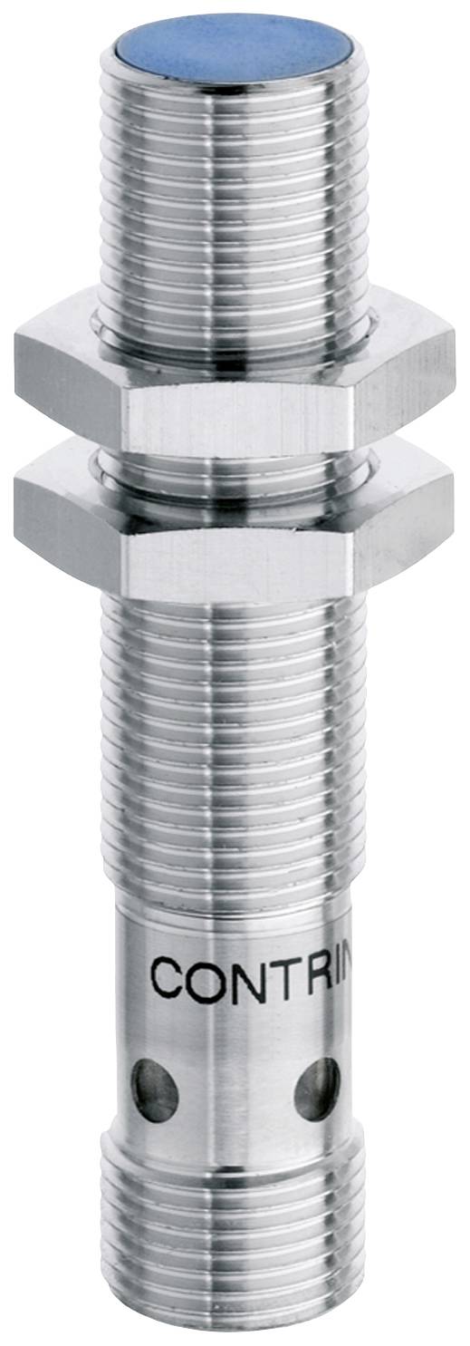 Cylindrical metal object with multiple threads, two hexagonal nuts, blue tip, bearing the inscription 'CONTRIN'.