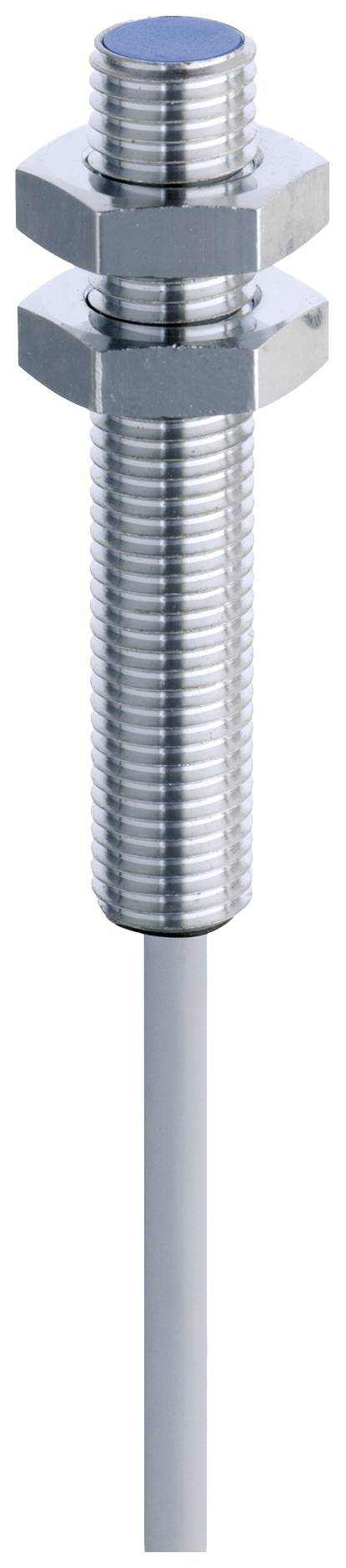 A cylindrical metal inductive sensor with thread, hexagonal nut and cable connection for detecting objects in industrial settings.