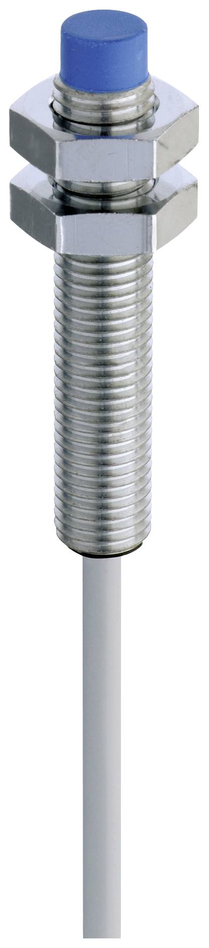 A cylindrical, metallic proximity sensor with a blue plastic head and an attached white cable.