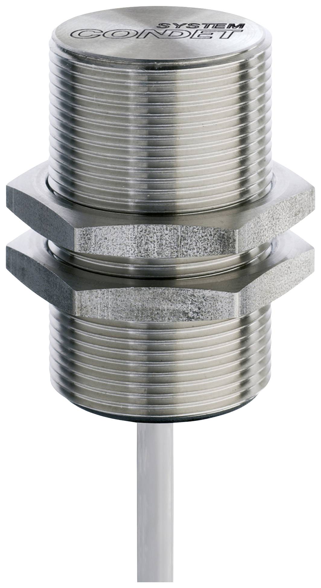 A cylindrical metallic object with threads, a cable at the lower end and the inscription 'System CONDET' at the top.