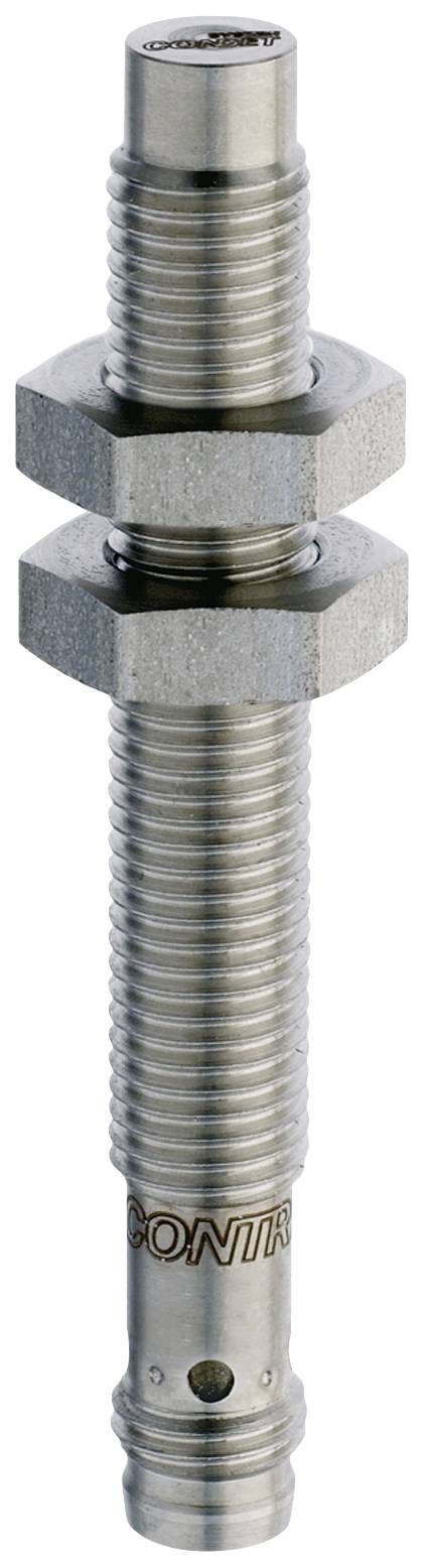 Cylindrical, silver-coloured sensor with threading and two hexagonal nuts, likely for industrial applications.