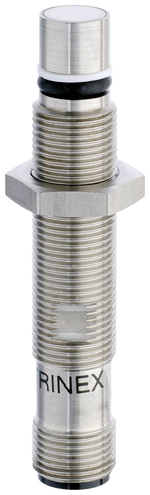 Metal sensor cylinder with thread, smoothly polished and with black rings at both ends. 'RINEX' marking in the centre.