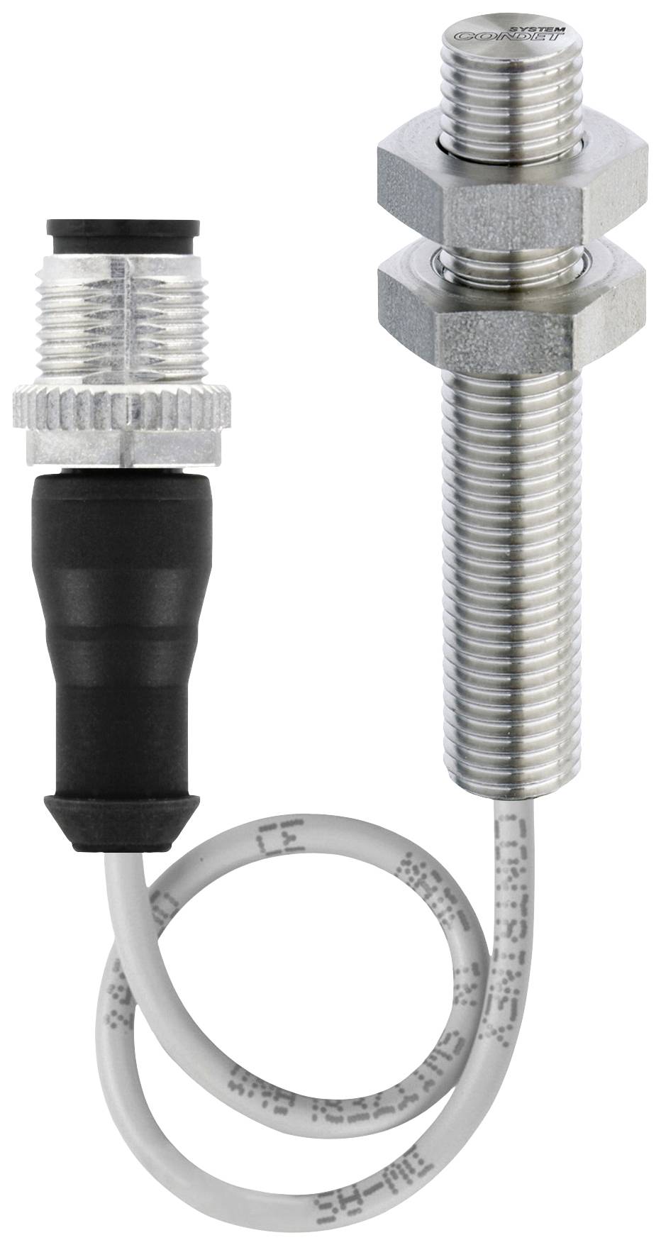 Cylindrical sensor with cable and plug. Main component is metallic, with threading. Suitable for industrial applications.