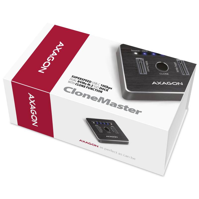 A hard drive duplicator labelled 'CloneMaster'. The device has status LEDs and is suitable for 2.5 or 3.5 inch HDD/SSD drives.