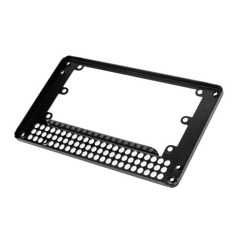 Black rectangular metal frame with perforated pattern at the bottom. Suitable for storing or attaching items.
