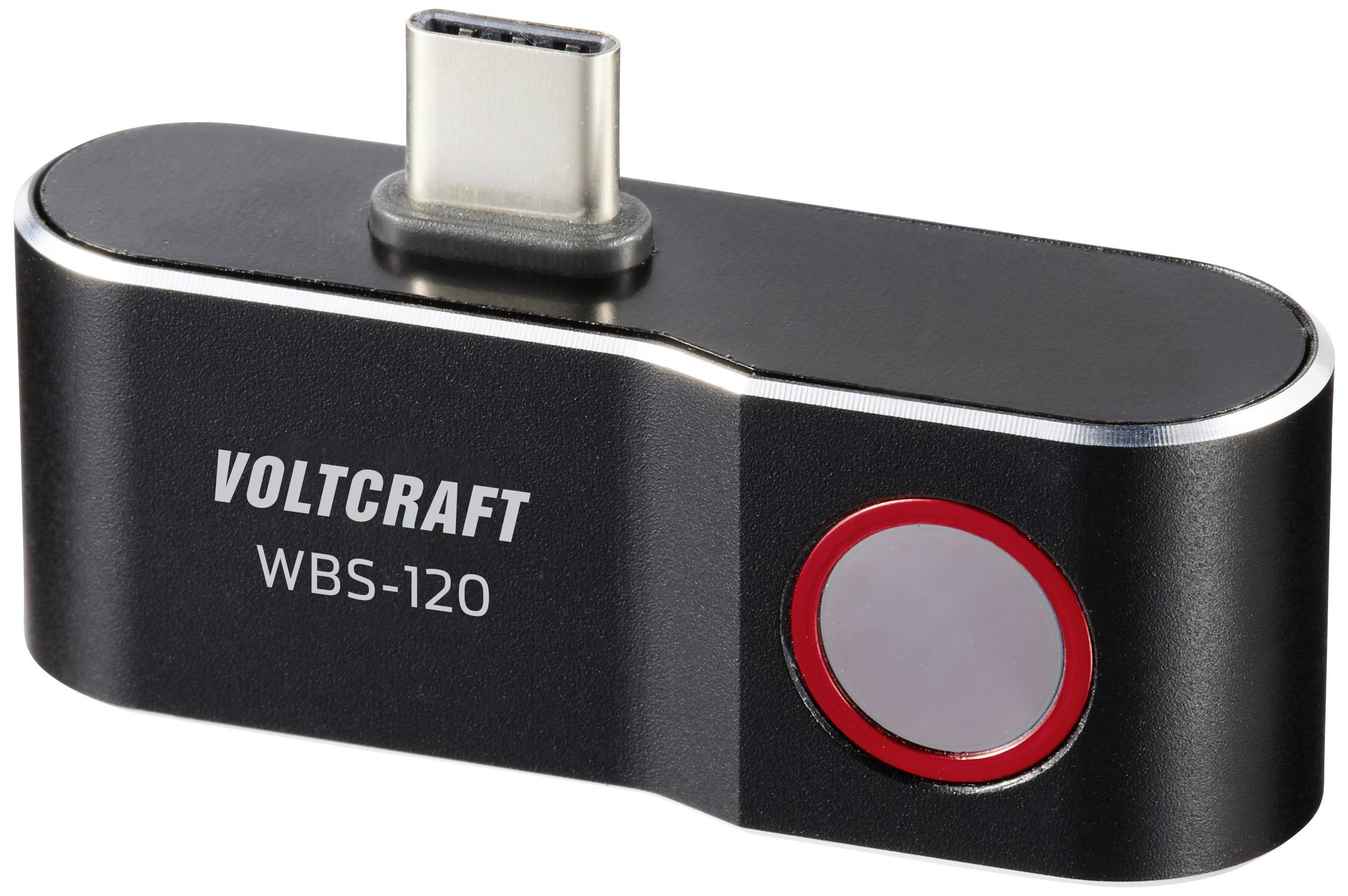 A USB-C sensor with the inscription 'VOLTCRAFT WBS-120' in a black housing, featuring a red sensor surface.