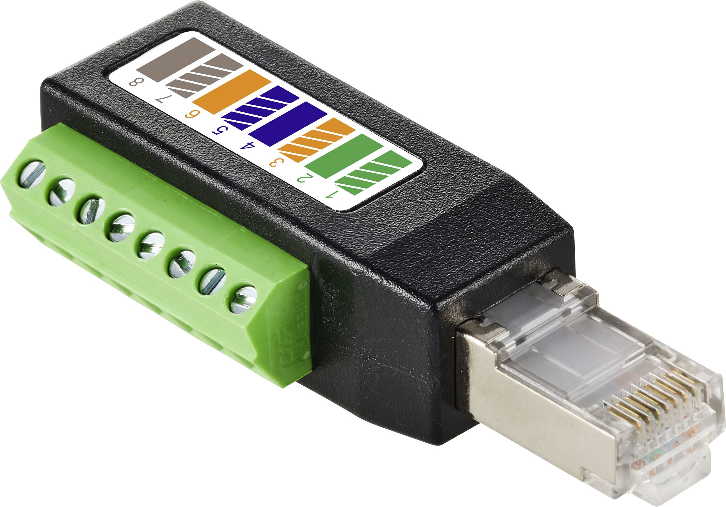 An RJ45 plug with colour-coded cable connections, numbered from 1 to 8, which are used for connecting network cables.