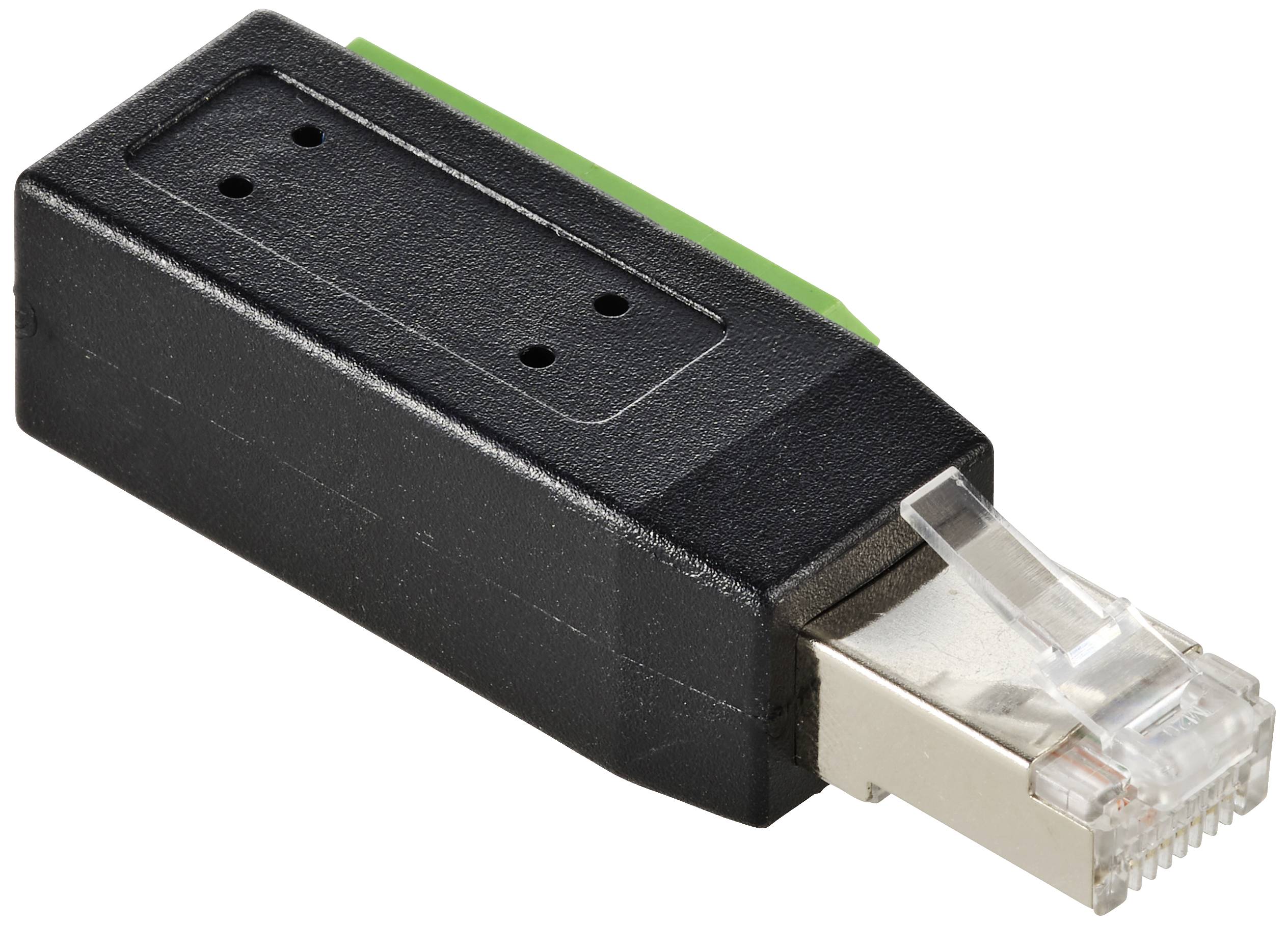An adaptor with an RJ45 plug at one end and a rectangular housing at the other. Primarily used in computer networks.
