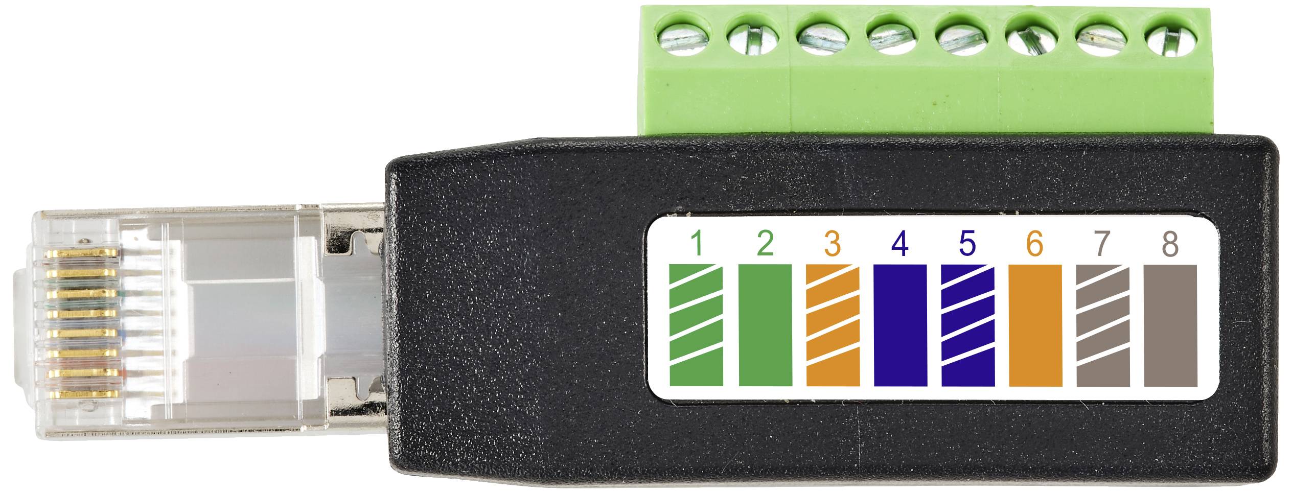 Network plug with colour-coded wiring for pins 1 to 8: green, white-green, orange, white-orange, blue, white-blue, brown, white-brown.