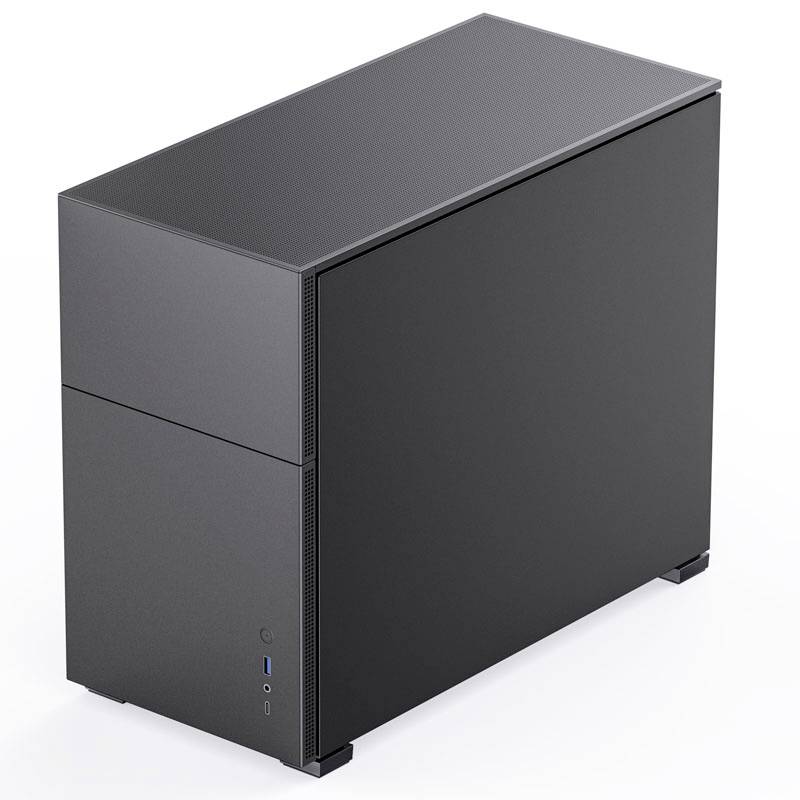 A black, minimalist computer case with a rectangular shape and two USB ports located on the bottom left at the front.