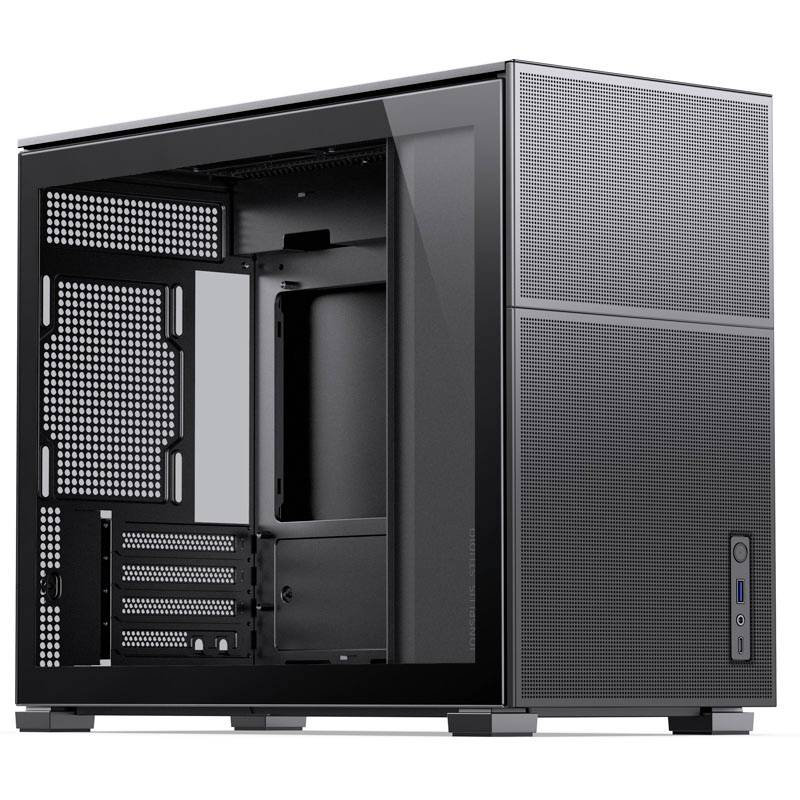 Black, compact PC case viewed from the side. Shows internal space for component installation, featuring a modern design with a smooth surface.