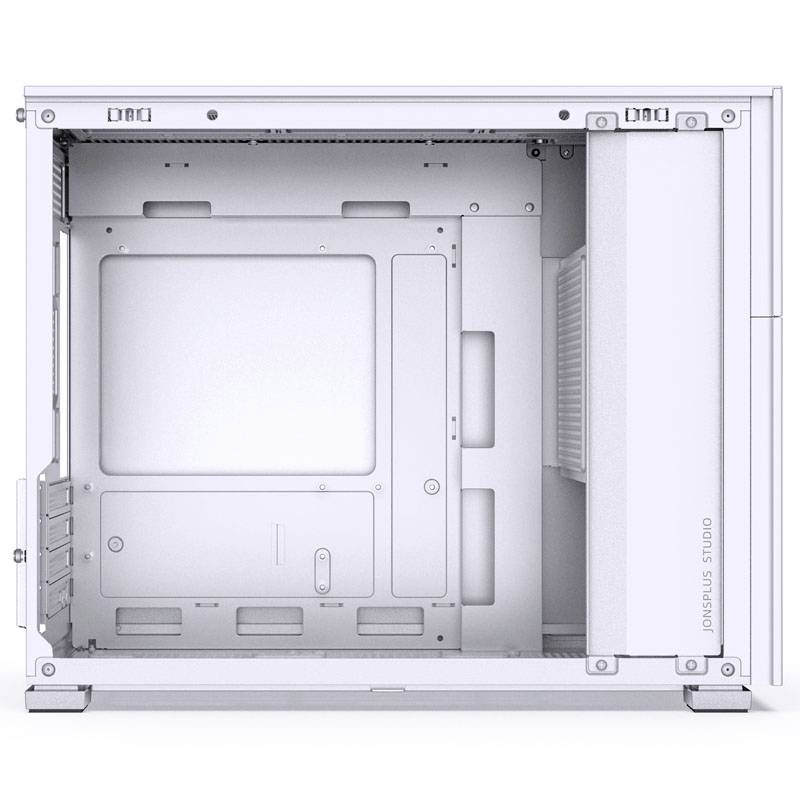 A white computer case with an open interior, visible mounting brackets and slots for hardware components.