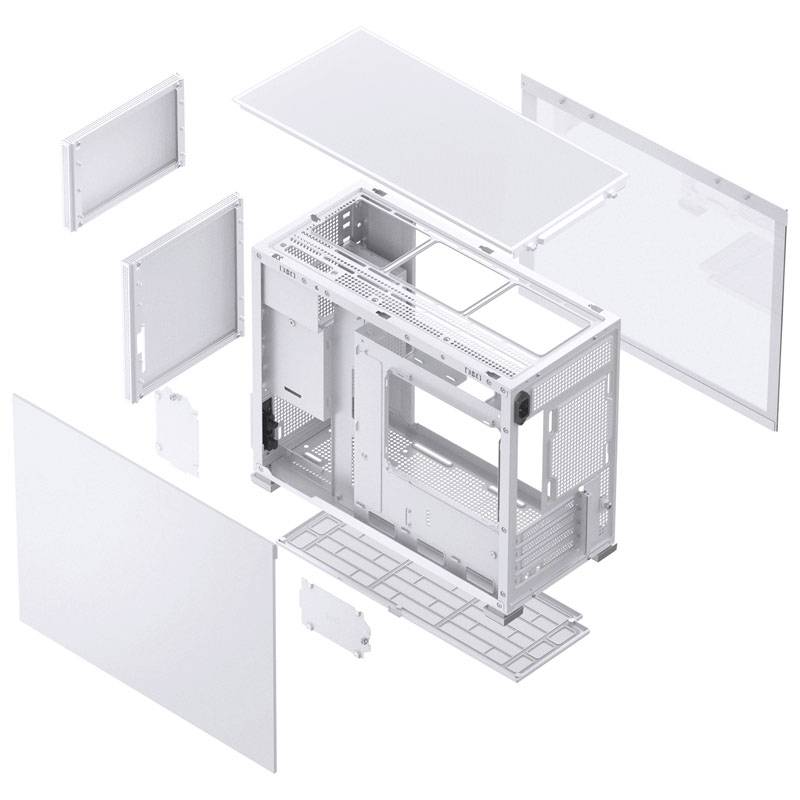 Exploded diagram of a computer case showing visible components such as side panels, top and bottom sections, and internal structure.