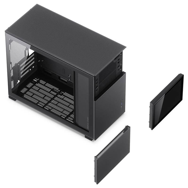 Housing of a computer case viewed from above, with removable side panels shown. Displays structural details and ventilation slots.