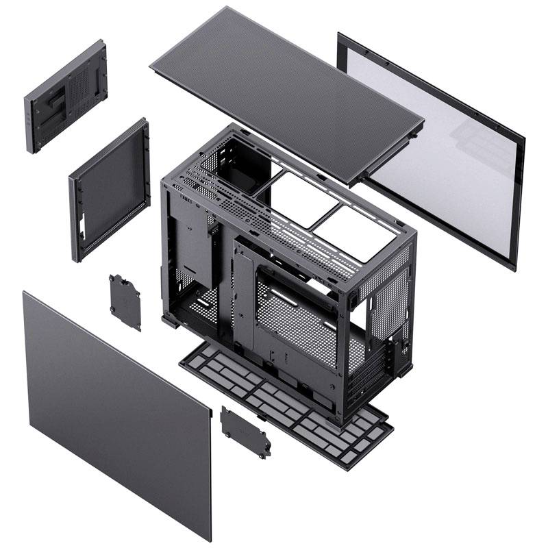 Exploded view of a computer case with multiple removed panels and components revealing the internal structure.