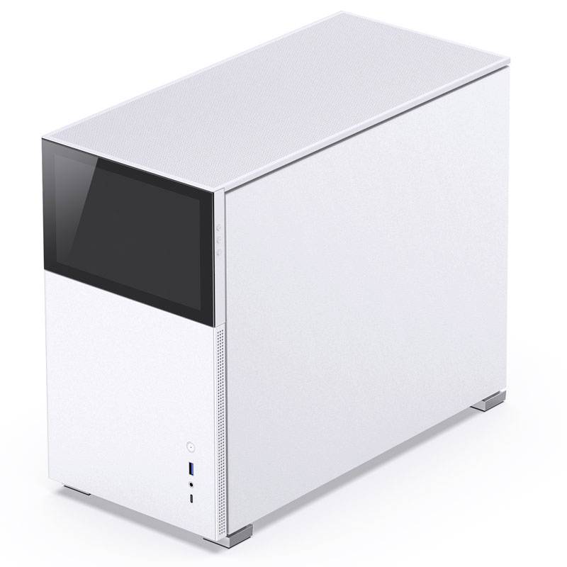 A modern white computer case with a minimalist design. The case features a large, black side window for viewing components.