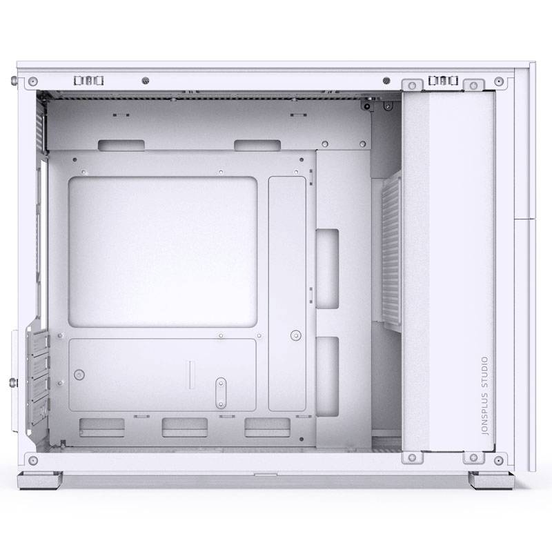 A white computer case with an empty interior, no components installed, side door open; suitable for custom PC builds.