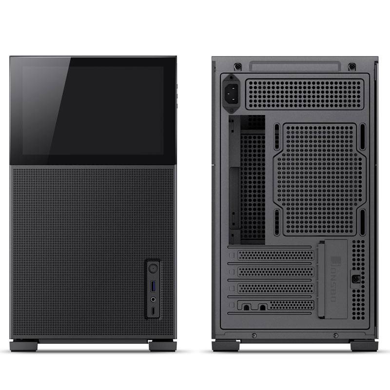 Two computer towers: left front view with USB ports, right rear view with ventilation grilles and additional connectors.