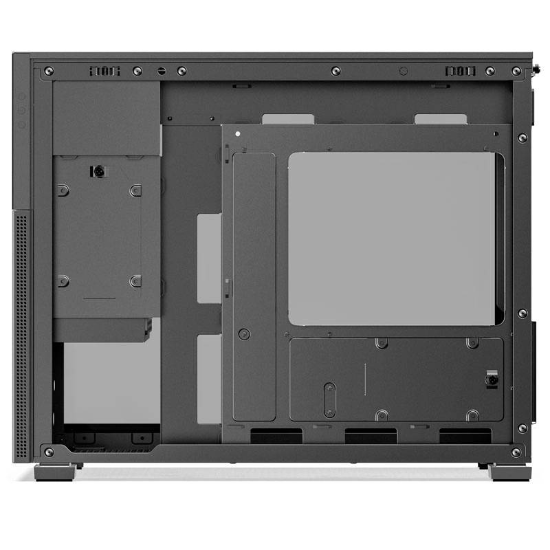 Metallic computer case with an open side panel, revealing mounting brackets and bays for installing hardware components.