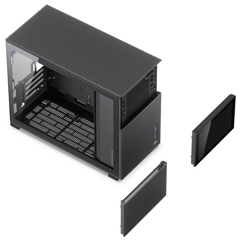 Open computer case with removed side and front panels, revealing the internal configuration. Ideal for PC build and maintenance.