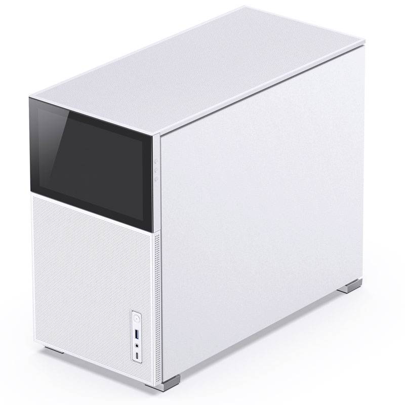 White computer tower case with front panel ports and glass side panel. Modern, minimalist style.