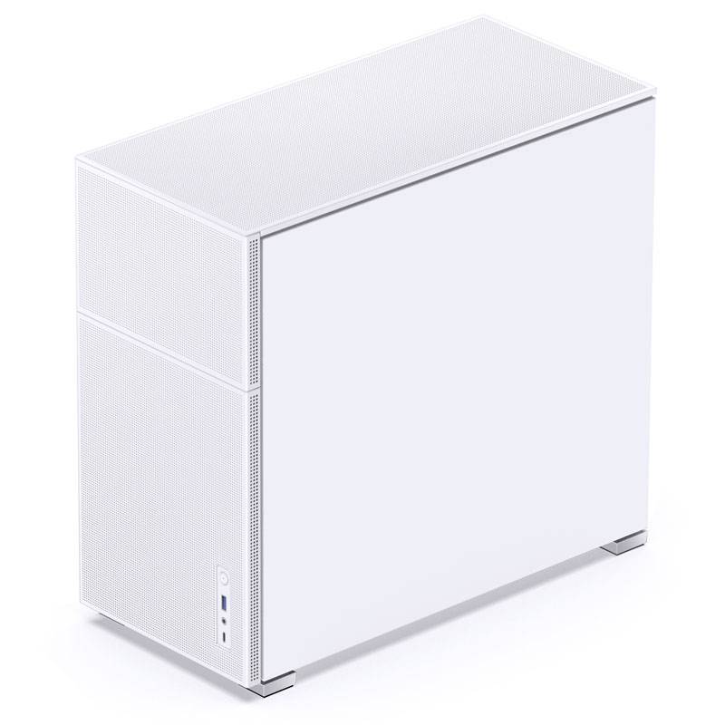 A plain white computer tower with minimalist design, on a smooth background. Features ports on the front panel.