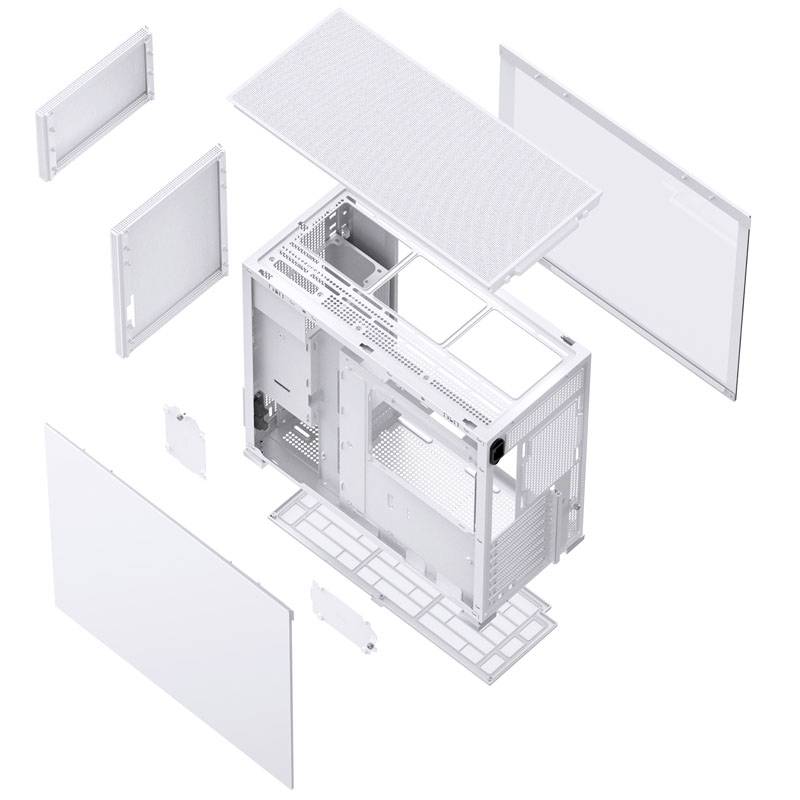 Exploded view of a computer case with removable side panels, top cover, front panel, and internal components.