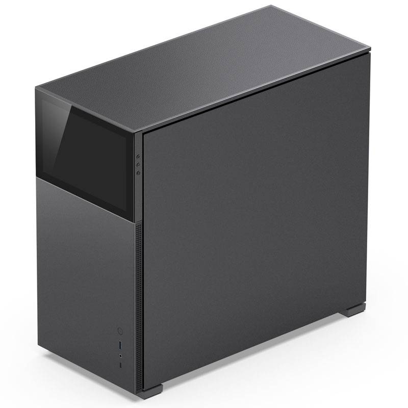 Black computer tower with a minimalist design and a front USB port located on the bottom left. No visible logos or branding marks.